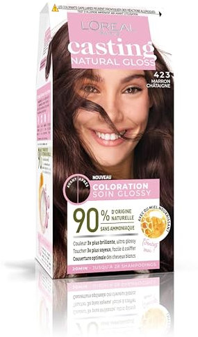L'ORÉAL PARIS - Tinte permanente para el cabello – Color ultra brillante – Sin amoniaco – 90% ingredientes naturales – Casting Natural Gloss – Nuance: castaño (423)