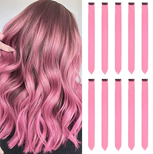 Rosa Haarverlängerungen Clip In für Mädchen 22 Zoll bunte gerade Haarverlängerungen für Party Highlights gefärbtes Haar Zubehör Haarteile für Kinder Frauen(10 PCS Rosa)