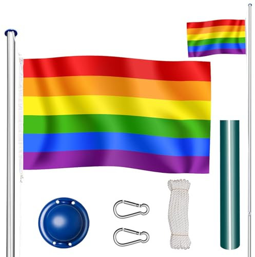 tectake® Mât Téléscopique en Aluminium - Hauteur Réglable max. 625 cm avec Drapeau, Douille au Sol et Corde pour Évènements Sportifs Football Rugby - 16 Pays au Choix - Arc-en-ciel