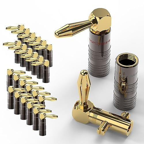FosPower – 24 Fiches Bananes Premium à Angle Droit pour Câble d’Enceinte - Connecteurs Plaqués Or et Doubles Vis - Jack Banane pour HiFi, Haut-Parleur, Câble Enceinte, Amplificateur, Home Cinema
