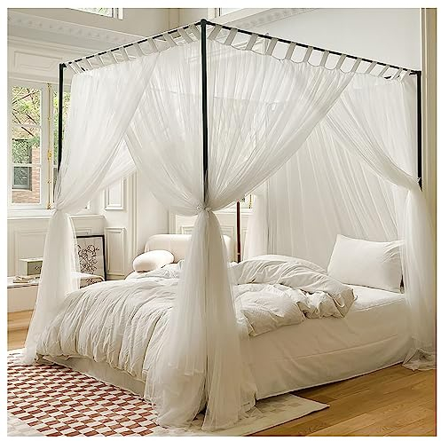 LONONE Eleganter Betthimmel für Erwachsene, 4-Eck-Betthimmel, Pfostenrahmen mit Vorhang, Moskitonetz, Himmelbettrahmen, Pfostenstangen, Schwarze Aluminiumlegierung,Weiß,King