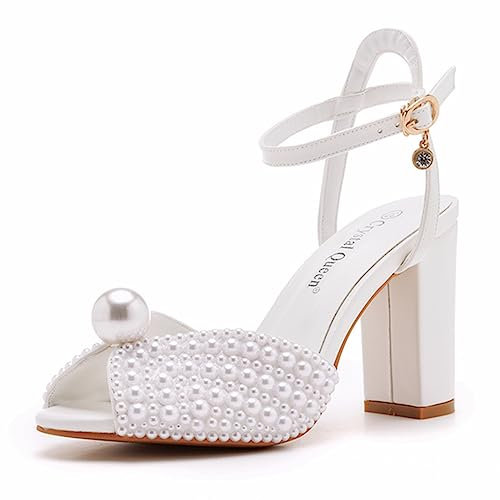 3,75 Zoll Weiß Perlen Peep Toe Blockabsatz Sandalen Braut Chunky Heels Damen High Heel Sandalen Pumps Schuhe Braut Hochzeit Party Abendkleid Schuhe, Weiss/opulenter Garten, 38 EU