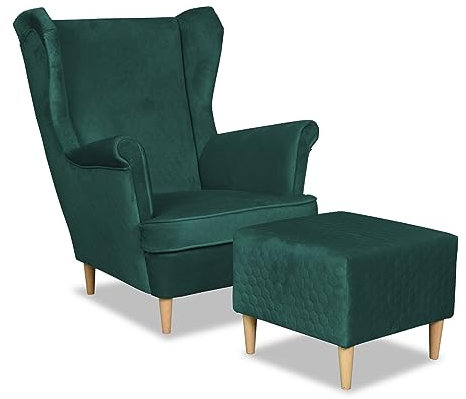 Family Meble Ohrensessel mit Hocker, Modell Angelo, Skandinavisch, Relaxsessel aus Webstoff, Loungesessel, Ohrensessel mit Hocker, Bequemer Sessel, Für Wohnzimmer, Esszimmer, Schlafzimmer, Grün