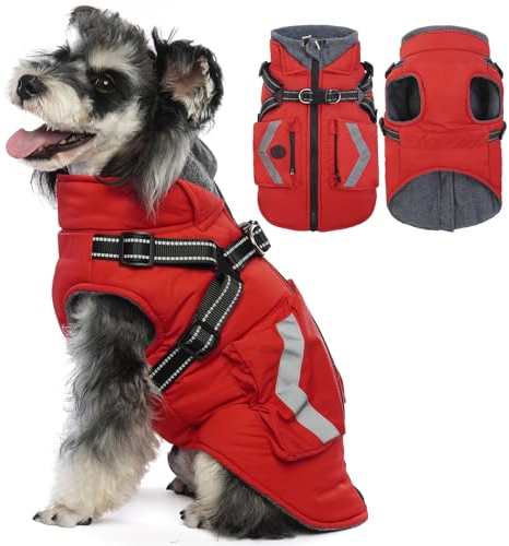Kuoser Hundemantel,Hundemantel Für Kleine Hunde, Wasserdicht Hundemantel Winter, Hundejacke, Hundemantel Grosse Hunde, Hundemantel Mit Geschirr Rot S