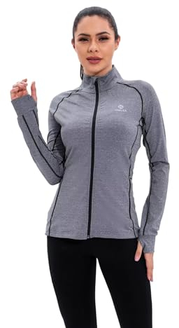 HDTIYUYP Damen Sportjacke UV Trainingsjacke - Laufjacke Leicht Langarm mit Reißverschluss Taschen Full Zip Wanderjacke Frauen Workout Jacke A2/Grau XL