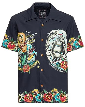 King Kerosin Herren Hawaii Hemd Rockabilly Clippership Pin-Up Tattoo-Style Mermaid Vintage Retro 50S Style Organic Cotton Oldschool Homeward Bound