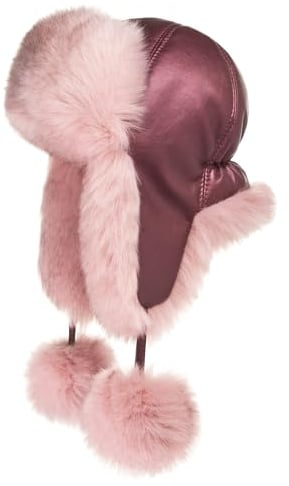 Futrzane Fliegermütze - Schapka Uschanka Damen - Fell Trapper Mütze aus Leder (One Size, Kastanienbraun - Rosa Siberian)