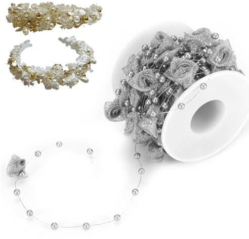 Tissting Perlengirlande 10m Kunstperlen Girlande Perlenkette Deko Silber Rosen Blumen Angelschnur Perlenband Geschenkband für Hochzeit, Party, Weihnachtsbaum, DIY Handwerk