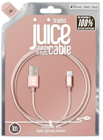 Juice Apple Lightning Cable 1m Braided Rose Gold,iPhone 14, Max, Pro, Plus, iPhone 13, Max, Pro and Mini, iPhone 12, Max, Pro and Mini, iphone 11, Pro, X, Xr, iPhone 8, 7, 6, SE, 5, iPad,