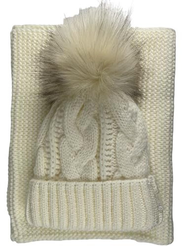 kennydoo Mütze & Schal Set achti I 2 teilig I Damen Kombi - Beanie mit großem Bommel und Loop I kuschelig gestrickt (wollweiß uni)