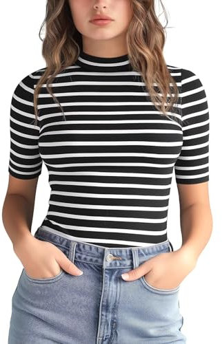Zengjo High Neck Tops for Women Short Sleeve Striped (Black White Striped,L)