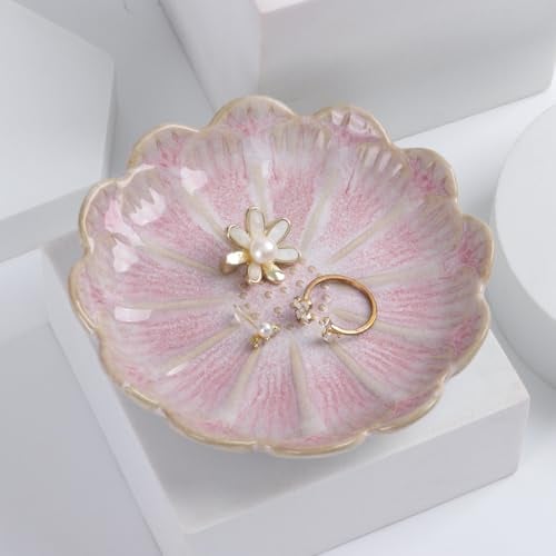 Vukehon Jewelry Dish Lotus Leaf Shape Ring Holder Ceramic Decorative Plate Trinket Tray Key Bowl(Petals-Pink)
