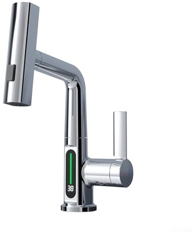 Grifo de pantalla digital inteligente 3 en 1, proceso de chapado giratorio de para 360°, grifo de cascada extraíble para cocina y baño (cromo)