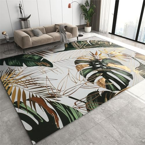QDJKBL Tropical Rainforest Plants Area Rugs, Golden Green Leaves Jungle Palm Leaves Indoor Area Rug, Lounge Rug Bright Color Apply to Door Mats Porch, 80 x 150 cm