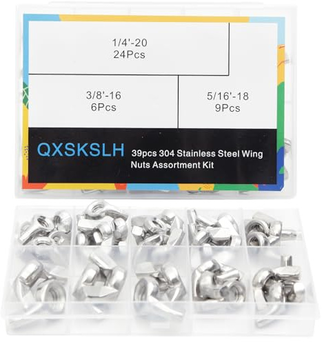 QXSKSLH Kit di 39 dadi ad alette assortiti da 1/4-20 5/16 - 18 3/8-16 304 in acciaio inox 304, dado ad alette a farfalla, fissaggio sicuro SAE