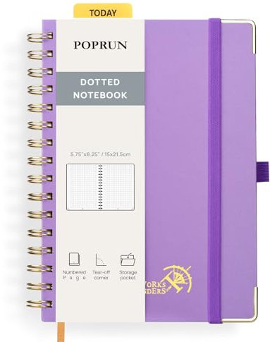 POPRUN Notizbuch A5 Gepunktetes, Bullet Dotted Journal, Spiral-Notizbücher 120 GSM Papier, 141 nummerierte Seiten, Hardcover mit Kleberegisterkarten und 8 Abreißblättern - VT(Violett)