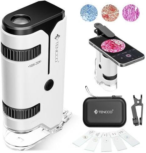 Mini Microscope de Poche 100x-250x pour Enfants Adultes, Microscope Portatif Main, Miniscope Portable pour Enfants Adultes, Scientifique Education, Blanc