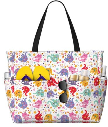 Zhengjia Bunte Elefanten-Reisetasche mit großem Fassungsvermögen, wasserdichte Strandtasche mit Reißverschluss und Tasche, Tragetaschen für Reisen, Einkaufen, Pool, Bunte Elefanten, Einheitsgröße