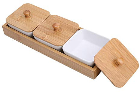 GYZOUKA Ensemble D'assiettes de Service en Céramique, Plateau en Bambou, Design Moderne avec Compartiments Séparés pour les Desserts aux Noix, Lavage à la Main, Lavable (Trois