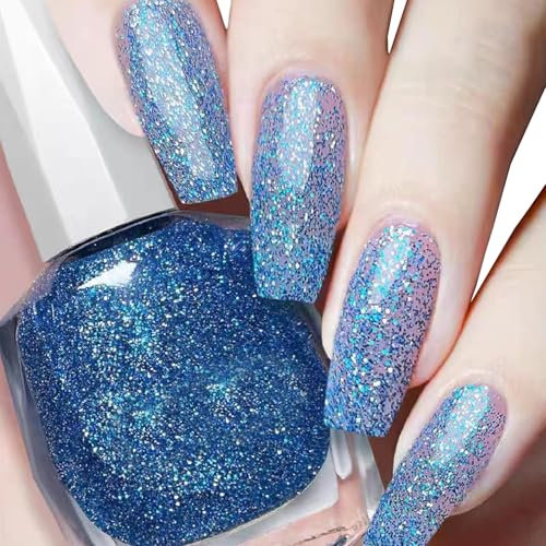 Blue Nail Polish,blue glitter nail polish Light blue Nail Varnish, Quick Dry Nail No UV Lamp Curing, Long Lasting, Chip Resistant, Non-Toxic, Quick Drying, At Home & Salon Manicure (15#Sparkling Blue)