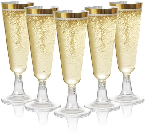 MATANA 96 Premium Elegant Plastic Champagne Flutes with Gold Rim, 150ml - Reusable Toasting Glasses, Cocktail Prosecco Glasses for Weddings, Birthdays, Christmas, BBQ, Parties
