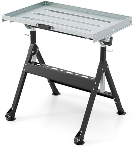 GYMAX Klappbarer Schweißtisch mit Rädern & 3 Schlitzen, bis 180 kg belastbar, Werkbank aus Stahl, Werkstisch mit 4-stufiger Höhe & 5 Neigungswinkeln, höhenverstellbarer Schweißwagen für Garage
