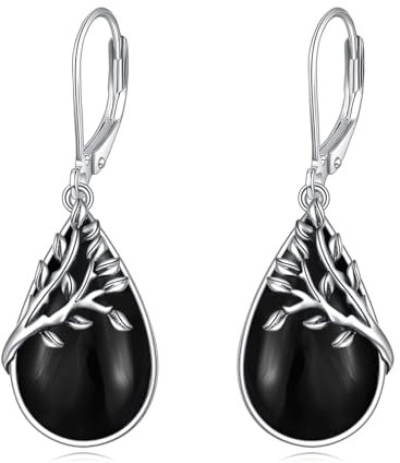 AXELUNA Tree of Life Earrings Sterling Silver Teardrop Obsidian Dangle Leverback Earringgs Gifts for Women