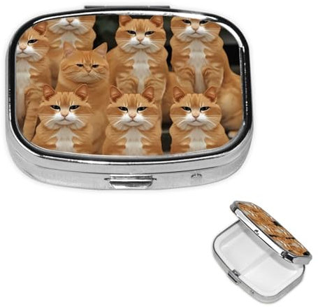 Square Pill Box Orange Cats Small Pill Case for Purse Pocket 3 Compartment Medicine Pill Organizer Portable Travel Pillbox Metal Pill Container Holder to Hold Vitamins Fish Oil Supplements