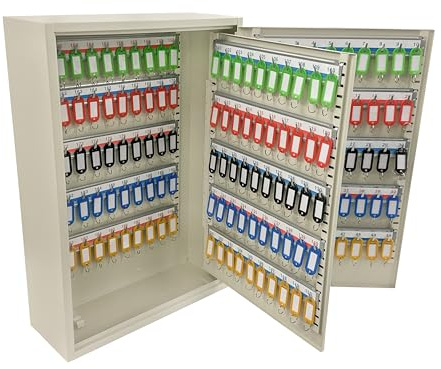 The Workplace Depot Lockable Key Cabinet, White Heavy Duty Steel Wall Mounted Key Lock Safe with Key Hooks & Coloured Key Tags for Home, Office, Garage & Warehouses (200 Key Capacity)