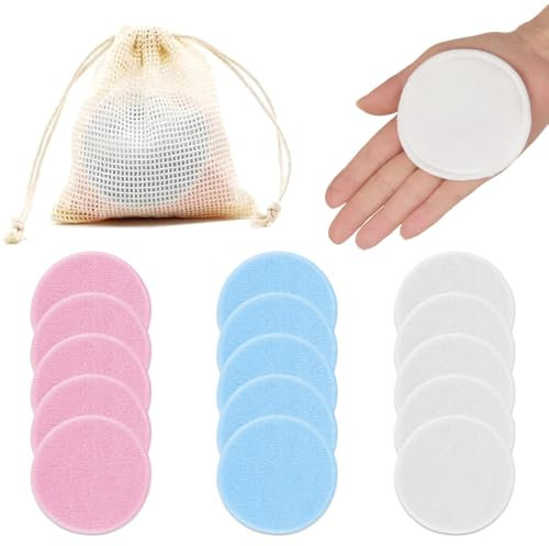 SIRLOMU 15 almohadillas de algodón lavables y 1 bolsa de almacenamiento, almohadillas desmaquillantes reutilizables, lavables, de fibra de bambú y terciopelo, aptas para todo tipo de pieles.