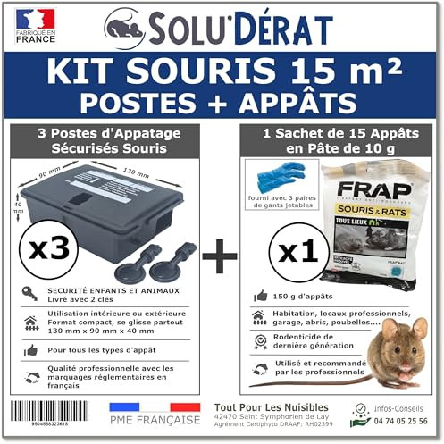 TOUT POUR LES NUISIBLES Kit Souris 15 m² avec 3 postes d'appâtage sécurisés et 1 Sachet de 150g d'appâts en pâte - SOLU'DÉRAT