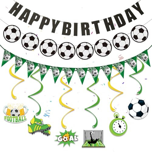 Fußball Geburtstag Deko Kindergeburtstag Banner - 39 Stücke Fussball Party Dekoration Jungen, Happy Birthday Wimpelkette, hängende Wirbel, Girlande für Fußball-Fans Partydekorationen Partyzubehör