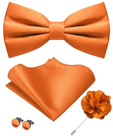 JEMYGINS Herren Matte Einfarbige Fliege mit Taschentuch Manschettenknöpfen und Ansteckblume Set orange Farbe
