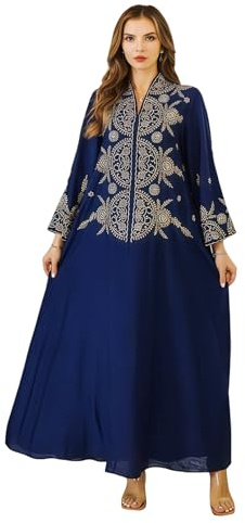 zhxinashu Abiti Musulmani da Donna, Abaya Tradizionale con Stampa Floreale | M-XXL (155-180 cm, 45-75 kg), Vestito Floreale Blu, Poliestere, Caftani Lunghezza Intera per Feste di Nozze e Vita Quotidiana