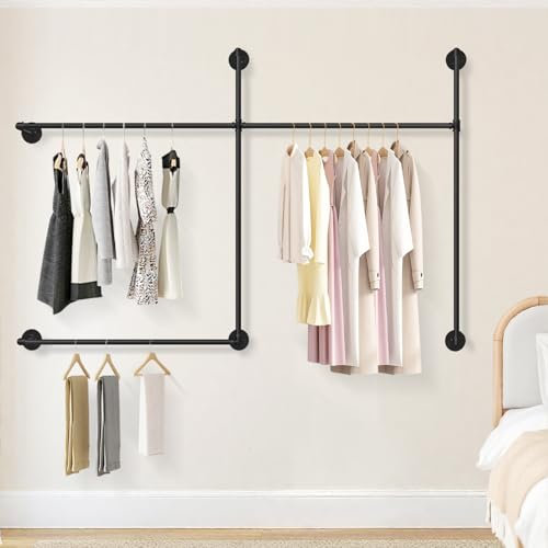 Gemsaya Offener Kleiderstange Wandmontage 200kg Traglast, Begehbarer Kleiderschrank mit 3 Kleiderstangen, 120cm*115*27cm Industrial Kleiderschrank oder Kleiderständer Schwarz aus Metall Wasserrohren