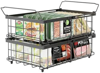 UMDONX 2 Pack Chest Freezer Basket Organiser Storage Boxes - Kitchen Expandable Stackable Metal Shelf Rack with Handles, Black 29-45.5cm Width