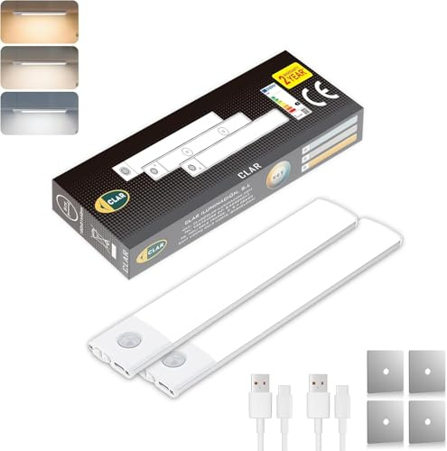 CLAR - Lámpara LED bajo mueble con detector de movimiento, inalámbrica y recargable, iluminación magnética para cocina y armario, 20 cm (pack 2)