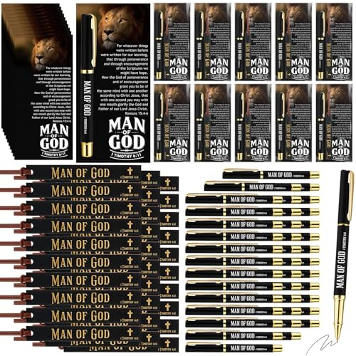 Skyygemm 50 Sets Gottesmann, christliches Geschenk für Männer, Bibelvers, Stifte, Leder-Lesezeichen, religiöse Karten, Geschenktüten, Wertschätzung, Gastgeschenke, Pastor, Geschenke für Männer