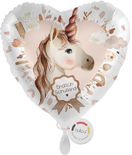 balloa Folienballon Schulkind, herzförmiger Helium Ballon zur Einschulung mit Einhorn Motiv in Rosa, Geschenkidee für Mädchen, Einschulungsdeko zum Schulanfang, befüllbar mit Luft oder Helium, 33cm