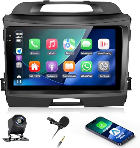 Motorsi 4+64G Autoradio für Kia Sportage 2010-2016 mit Kabellosem Carplay/Android Auto, 9“ Android Touchscreen GPS Navigation/WiFi/USB/FM/RDS/SWC/Canbus/Bluetooth/EQ+AHD Kamera+Mic