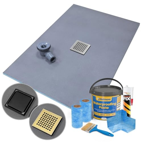 Wet Room Shower Tray Kit Former Centre Drain Position Gold Black & Tanking Kit, 1500 x 900 x 25mm, Leaf Pattern Grate - Steel