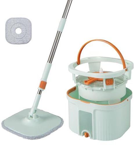 COSTWAY Wischmopp und Eimersystem mit Auswringfunktion, Abwassertrennung, 360° Drehmoppkopf & 2 Mikrofaser-Pads, Flacher Bodenwischer für Nass- und Trockenreinigung (Grün)