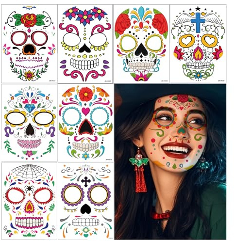 MFCGHXR Adesivi Halloween Viso, 8 Tatuaggi Temporanei Luminosi per Il Viso, Tatuaggi Halloween Giorno dei Morti, Facili da Applicare e Rimuovere, per Carnevale e Party a Tema