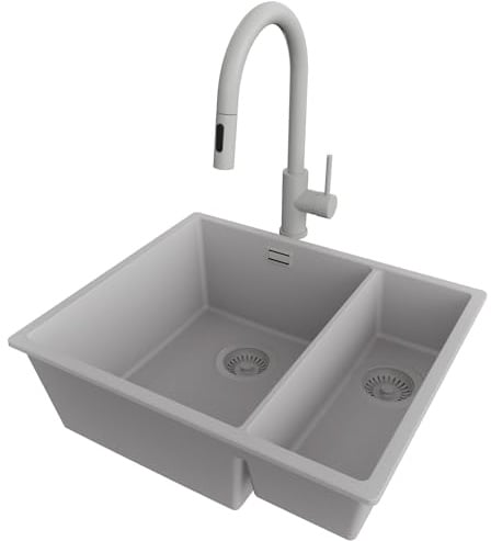 PRIMAGRAN Unterbauspüle Granit Grau 56x47cm, Spülbecken 1,5 Becken + Küchenarmatur 40x20cm + Ablauf-Set, Granitspüle ab 60er Unterschrank - London Duo