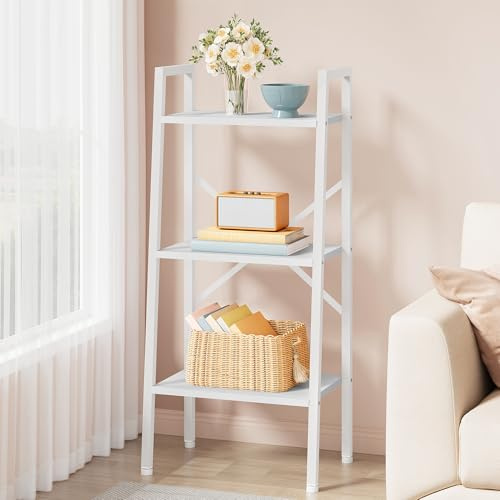 Hoctieon 3-Tier Industrial Ladder Bookshelf, Narrow Ladder Shelf, Tall Standing Bookshelf, Skinny Open Ladder Shelf, for Living Room, Home Office, Kitchen, Bedroom, Metal Frame, White