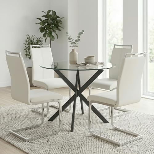 GOLDFAN Esstisch Set mit 4 Kunstleder Hochlehner Stühlen Rund Glastisch mit 4 Stuhl für Küche, Esszimmer & Wohnzimmer (80cm, Weiß)