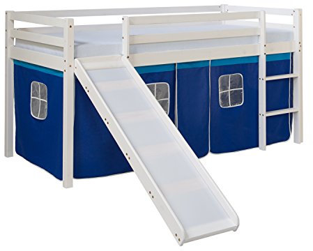 Homestyle4u Lit Simple Blanc 90x200 en Hauteur avec echelle et Rideau Bleu et toboggan