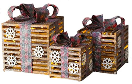 Netagon Set of 3 Indoor Home Under Tree Decorations Light Up Illuminated LED Gift Boxes Box Set with Bow Detail (Glitter Red Tartan Design Ribbon)