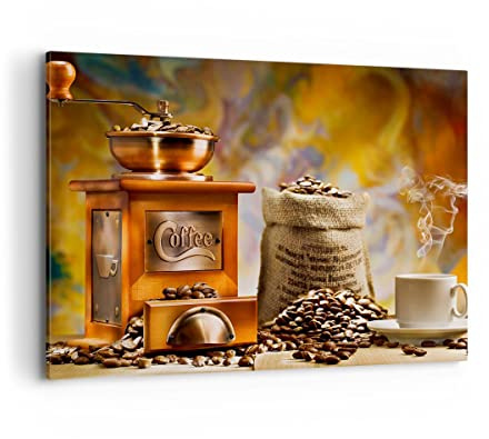 ARTTOR Leinwandbild 100x70cm Wandbild Küche - 2592 | Kaffee Getreide Mühle Groß Wanddekoration Wohnzimmer Schlafzimmer Küche Wanddeko Wand Kunstdruck Wandkunst Wall Decor ARTTOR
