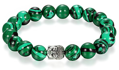 Flongo 10mm Energiearmband Energie Armband Armreif Link Handgelenk EnergieStein Malachit Silber Grün Buddha Gebet Mala Kugel Perle Perlen Elastisch Herren, Damen